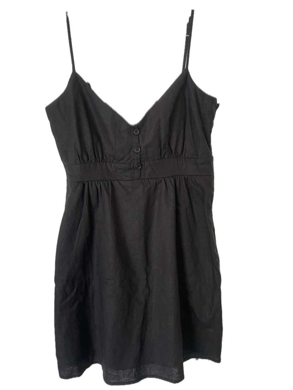 Black Linen Rayon Mini Summer Dress with Straps & Side Zipper Lined S sz